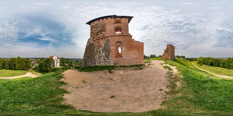 Seamless spherical hdri panorama 360 degrees view on high slope near wall of ruined castle of Grand Duchy of Lithuaniain