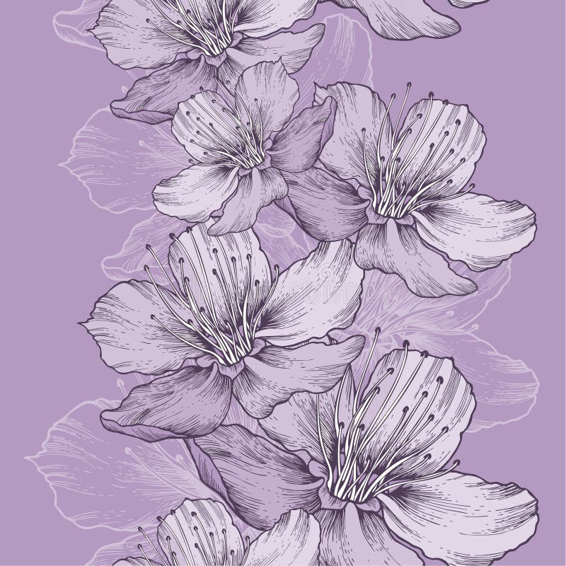 Seamless spring background with flowers of apple, hand-drawing.
