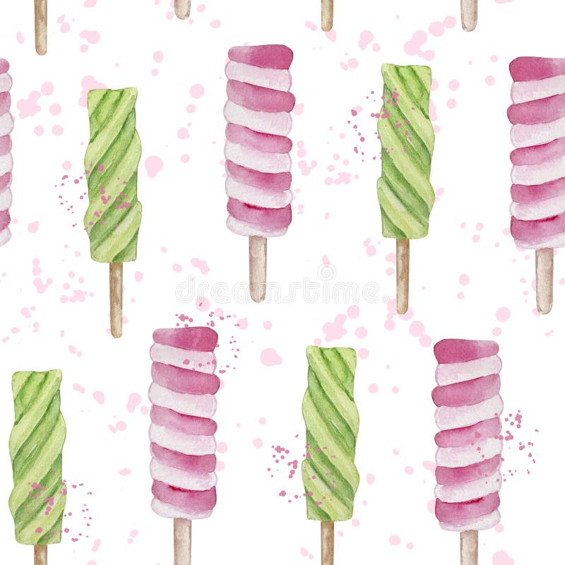 Seamless Summer Pattern of Watercolor Pink and Green Ice Creams Stock