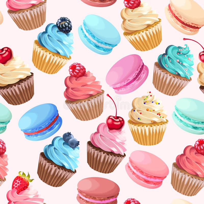 Varicolored macarons and cupcakes vector seamless background. Varicolored macarons and cupcakes vector seamless background