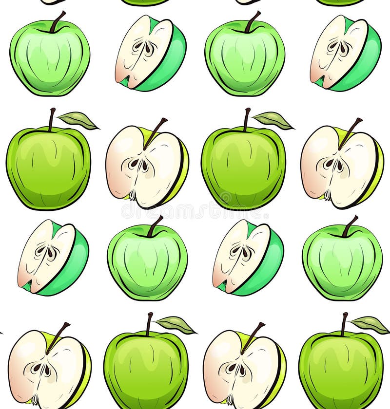 Seamless texture of cartoon green apples of different shapes in row on white background. royalty free illustration