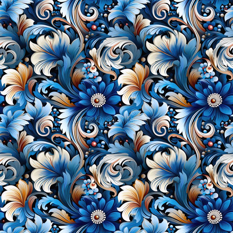 Seamless Texture Pattern with Blue Flowers on White Background for