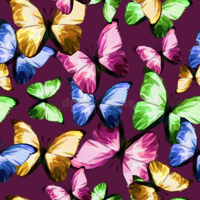 Seamless texture pattern polygonal colored butterfly on purple