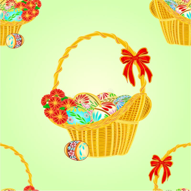 Seamless texture wicker basket and easter eggs vector