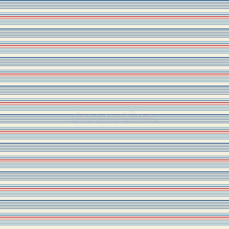 Seamless thin tiny stripe vintage pattern with colored horizontal parallel stripes in navy, red, blue and cream background. vector illustration