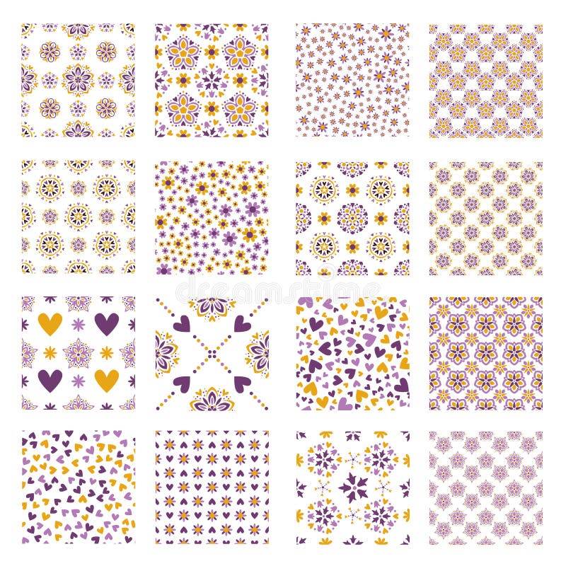 Seamless tiling vector texture or pattern collection with lilac and orange abstract flowers, hearts and ornaments isolated over stock illustration Seamless tiling vector texture or pattern collection with lilac and orange abstract flowers, hearts and ornaments isolated over stock illustration