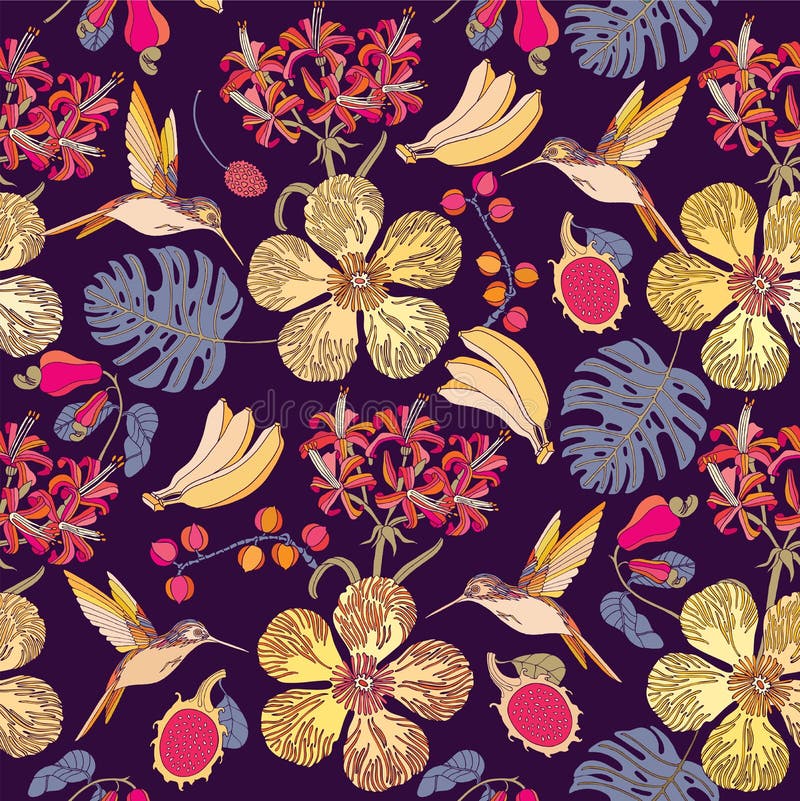 Seamless tropical flowers with bananas. royalty free illustration Seamless tropical flowers with bananas. royalty free illustration