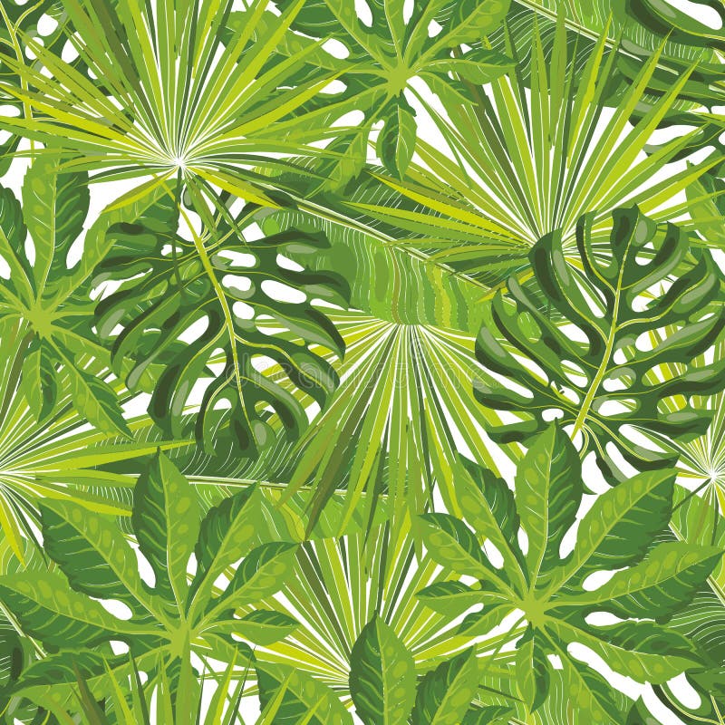 Seamless tropical leaves pattern with green palm branches in sketch style.