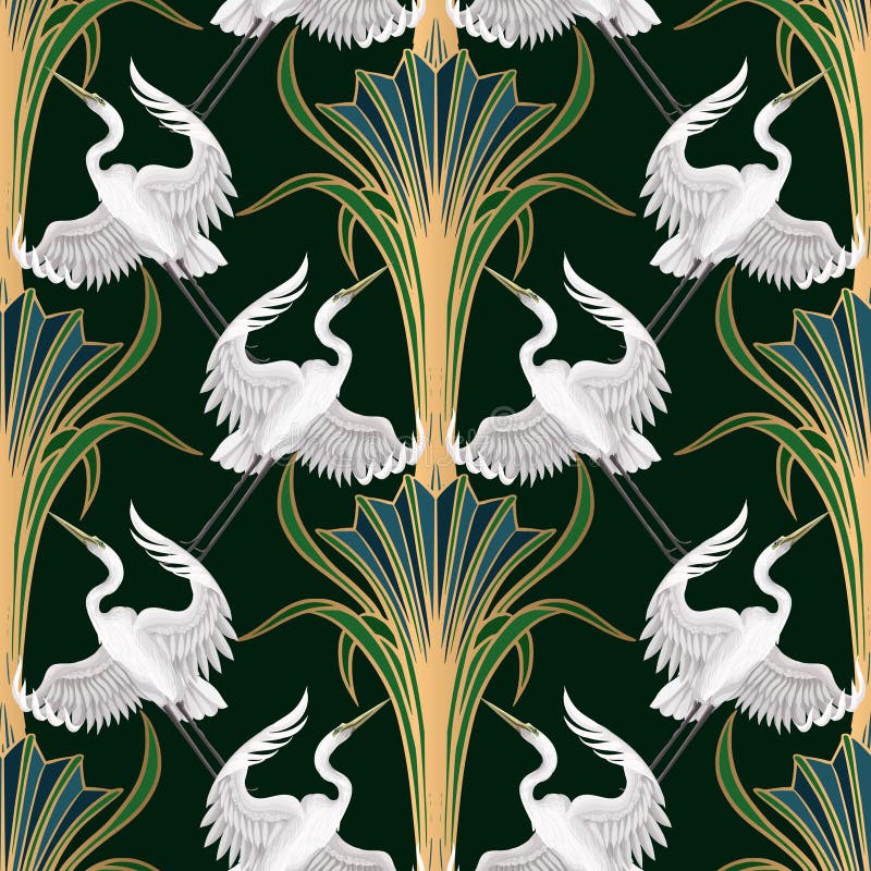 A seamless vector artdeco pattern featuring elegant white cranes and golden stylized foliage on a dark green background. vector illustration