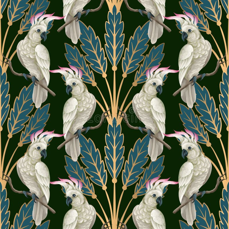 A seamless vector artdeco pattern featuring elegant white parrots and golden stylized foliage stock illustration