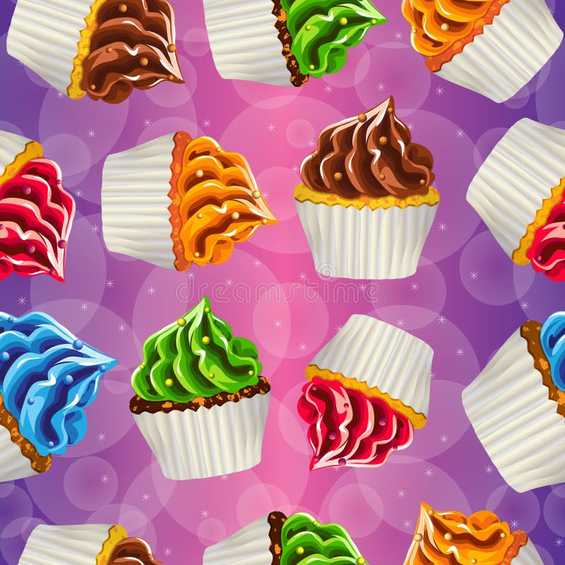 Seamless vector background of cupcakes with cream stock illustration