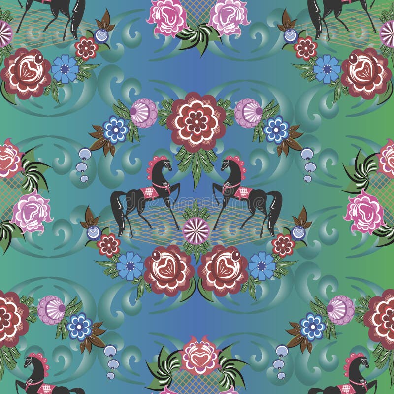 Russian stylized Gorodets seamless patterns on a beautiful background for fabrics, prints, clothes