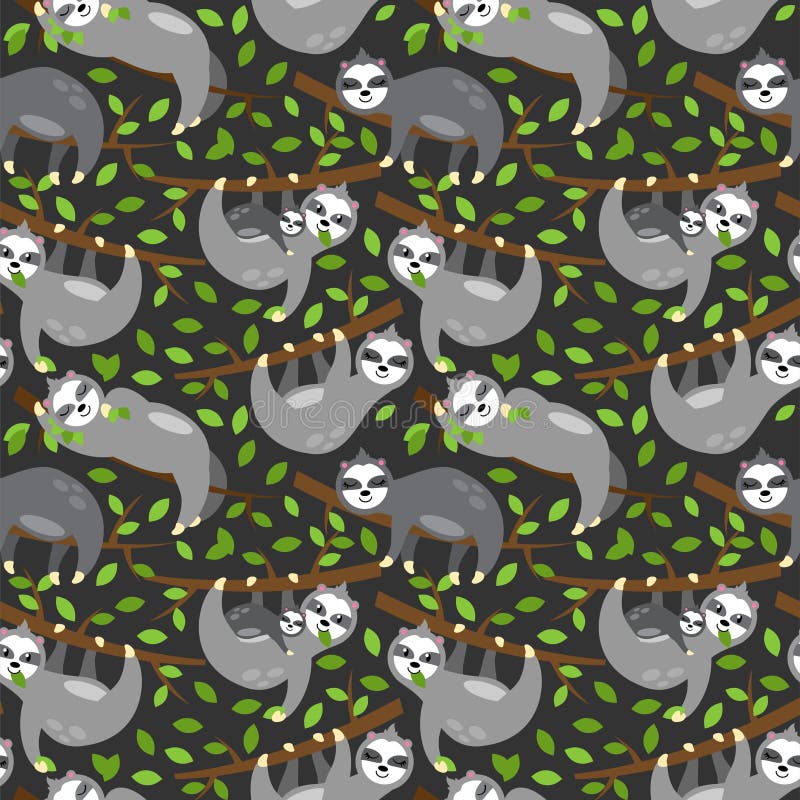 Seamless Vector Background with Sloths, Tree Branches and Leaves royalty free illustration