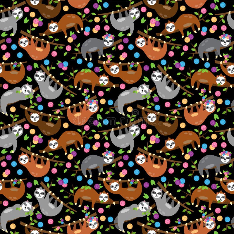 Seamless Vector Background with Sloths, Tree Branches and Leaves royalty free illustration