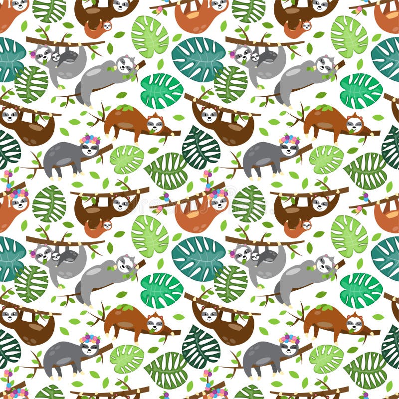 Seamless Vector Background with Sloths, Tree Branches and Leaves royalty free illustration