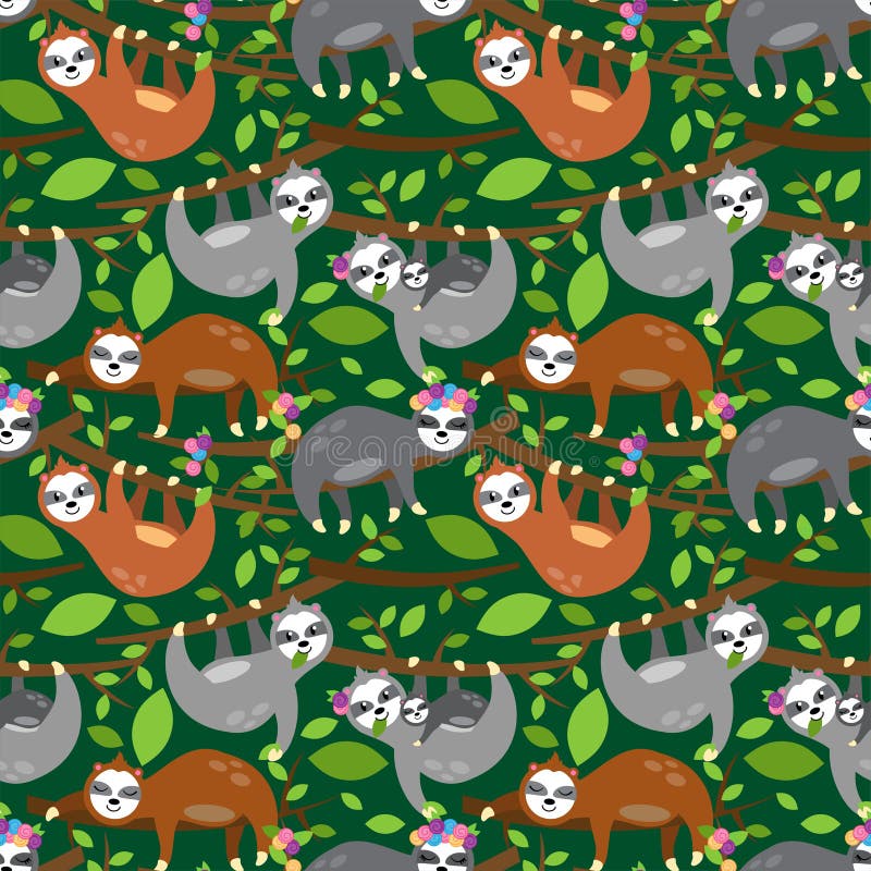 Seamless Vector Background with Sloths, Tree Branches and Leaves royalty free illustration
