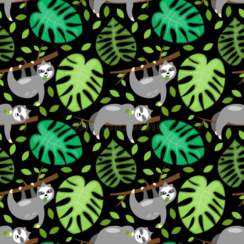 Seamless Vector Background with Sloths, Tree Branches and Leaves royalty free illustration
