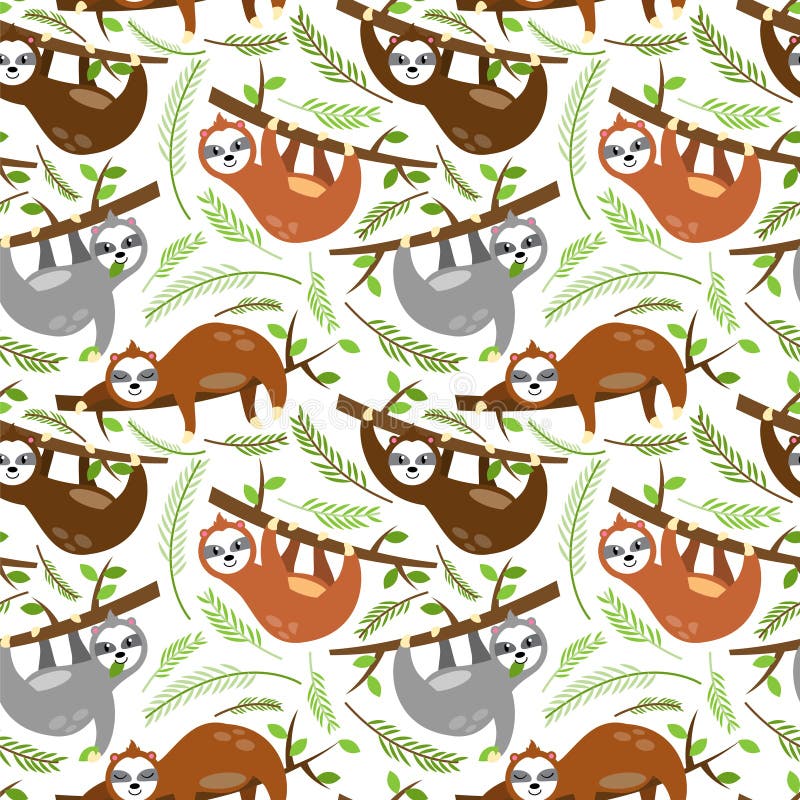 Seamless Vector Background with Sloths, Tree Branches and Leaves vector illustration