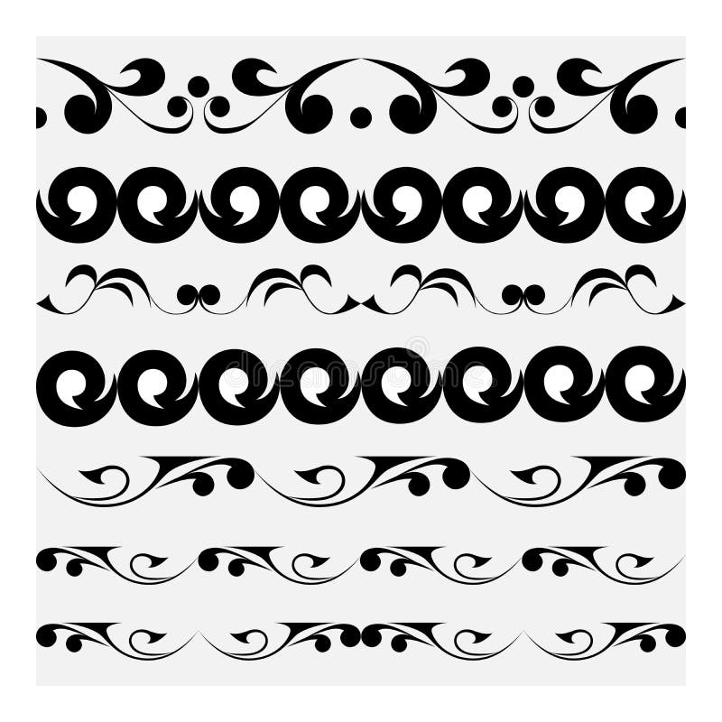 Seamless Vector Borders in a Set, Black on a White Background Stock
