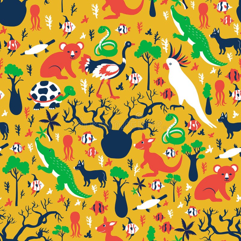 Seamless Vector Cartoon Pattern, Australian Wild Animals and Trees ...