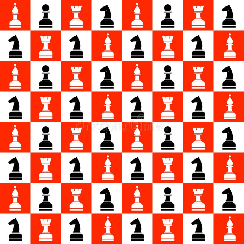 Seamless vector chaotic pattern with black and white chess pieces on the red and white chess board. Series of Gaming and Gambling Patterns.