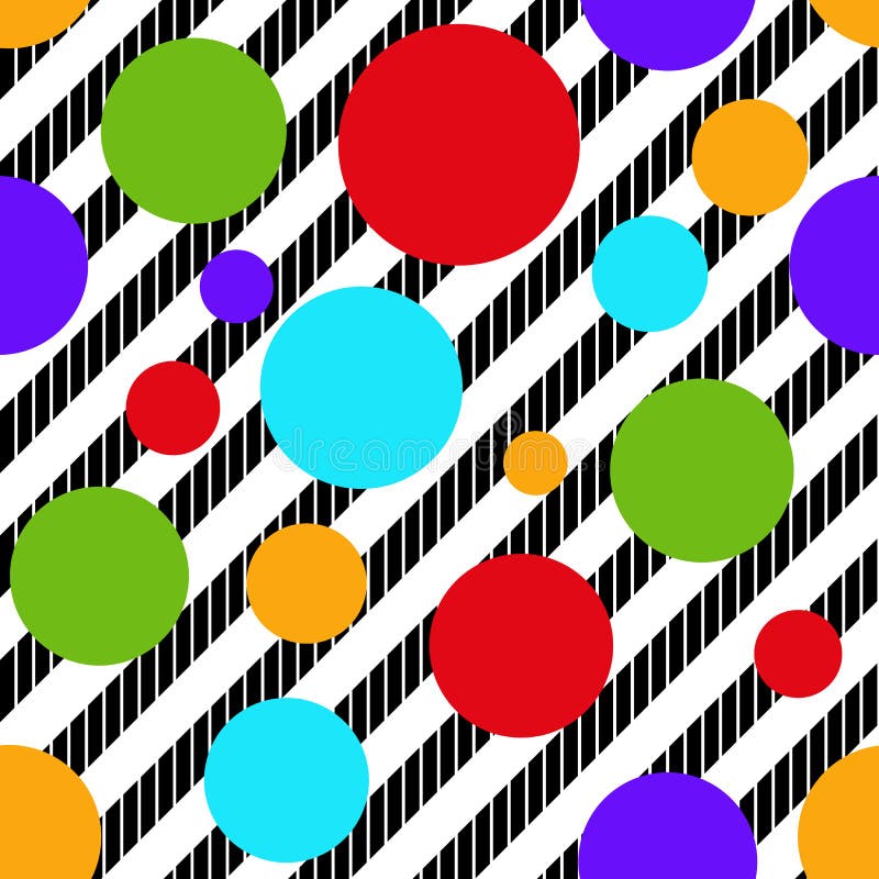 Seamless vector diagonal black and white stripes and colorful do royalty free illustration