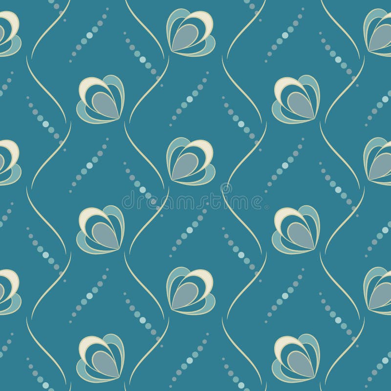 Seamless vector floral pattern with abstract flowers and leaves in pastel colors on marine-blue background