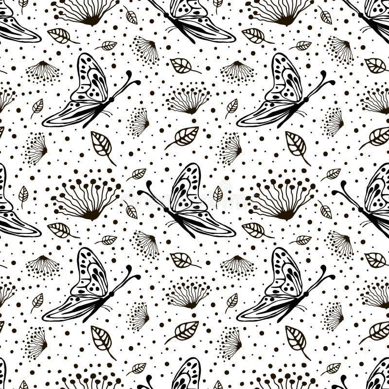 Good Looking cute patterns black and white Seamless Vector Floral Pattern With Insect Cute Hand Drawn Black And White Background Flowers Butterfly Dots Stock Illustration Of Decorative 73658473
