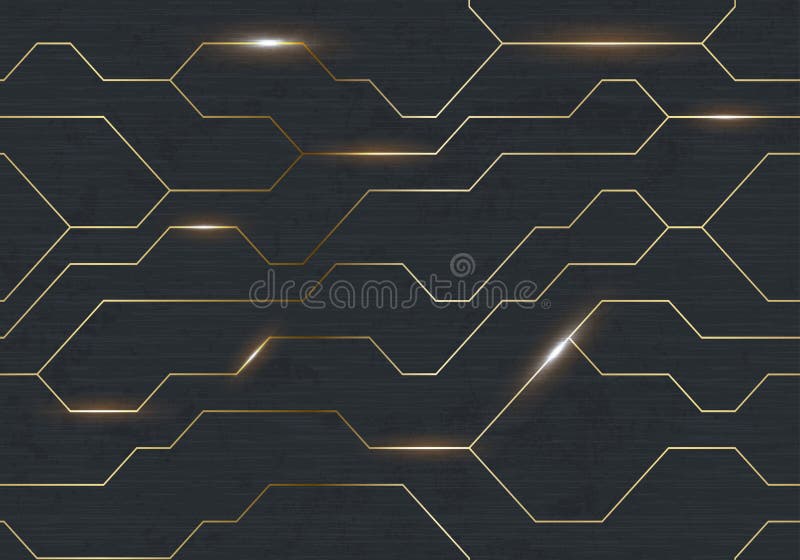 Seamless vector futuristic dark iron techno texture. Golden abstract electron energy line on brushed black metal background. Power