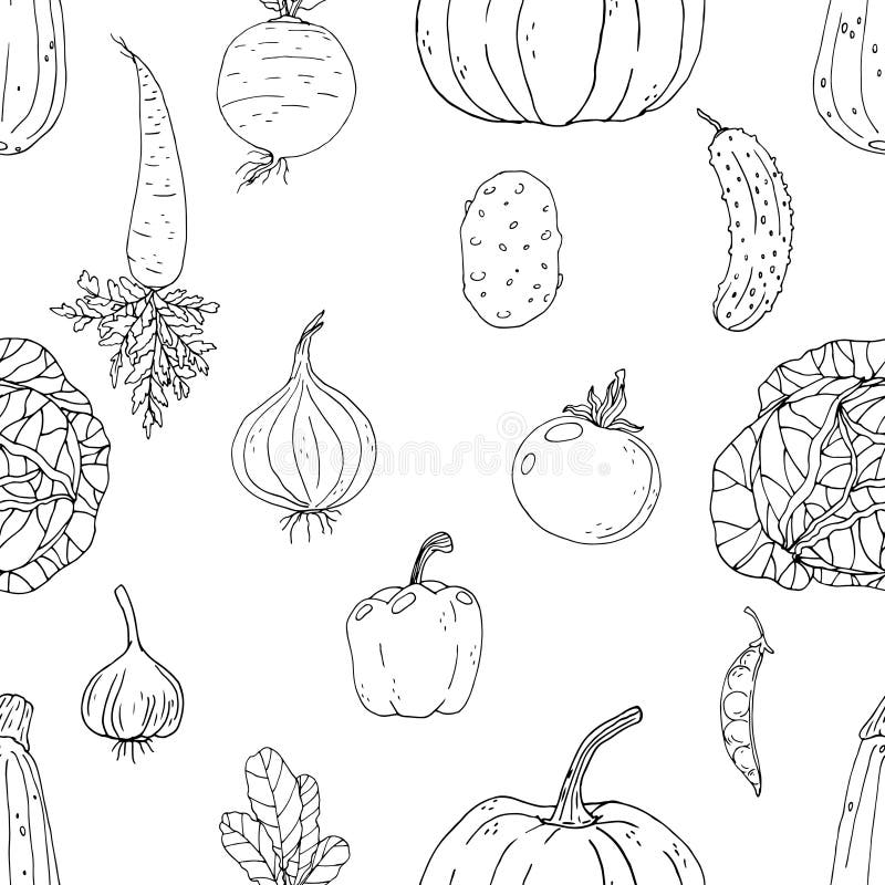 Seamless vector monochrome pattern of elements with hand drawn color vegetables on a white background stock illustration