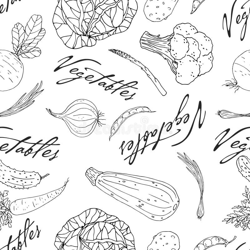 Seamless vector monochrome pattern of elements with hand drawn color vegetables on a white background royalty free illustration