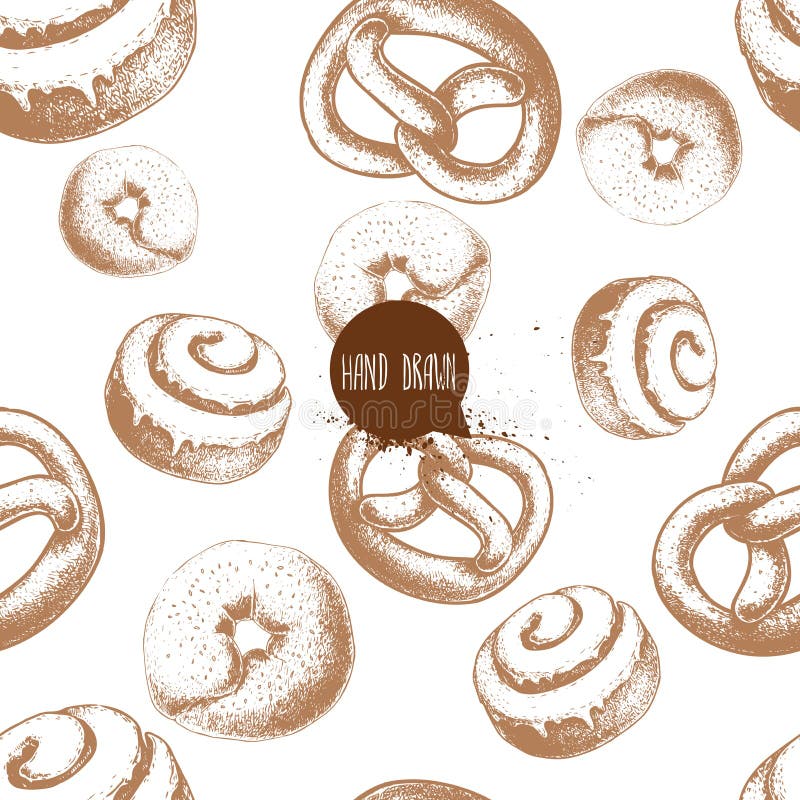 Seamless vector pattern with bakery goods. Bagels, german pretzels and iced cinnamon bun. Hand drawn sketch style. EPS10 + JPEG preview.