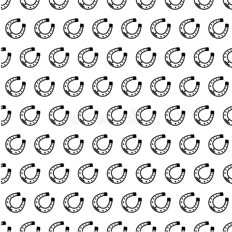 Seamless vector pattern with black Horseshoe on a white backdrop for St. Patrick`s Day. Spring party background for greetings card, flyer, decor, packaging design and more