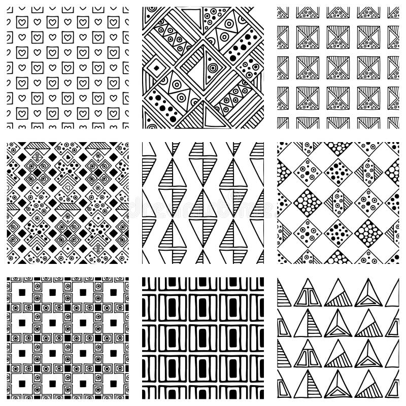 Seamless vector pattern. Black and white geometrical background with hand drawn decorative tribal elements. Print with ethnic, fol