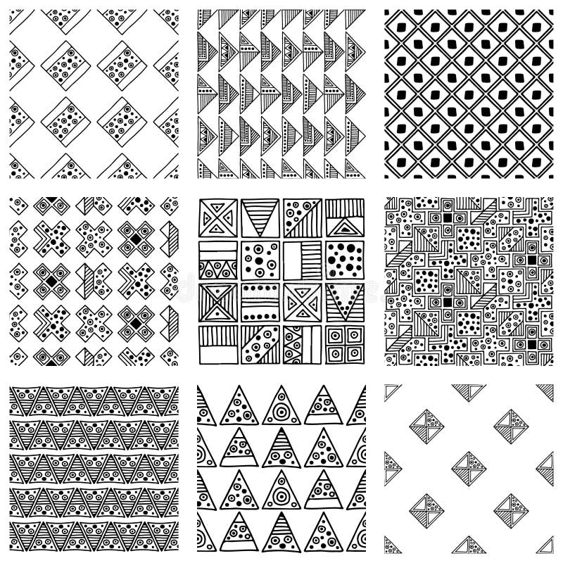 Seamless vector pattern. Black and white geometrical background with hand drawn decorative tribal elements. Print with ethnic, fol