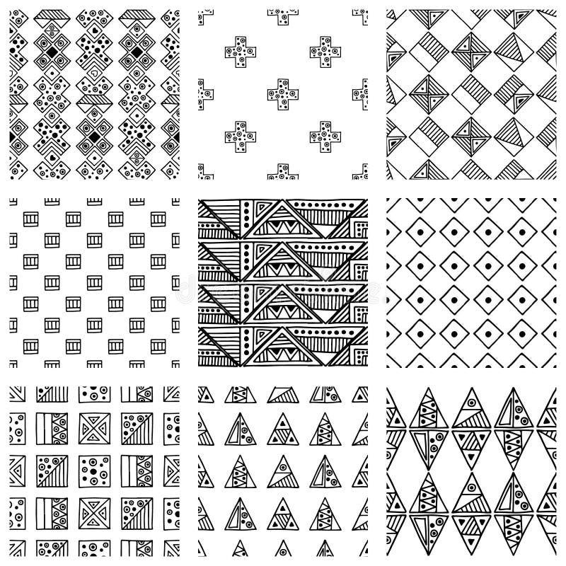 Seamless vector pattern. Black and white geometrical background with hand drawn decorative tribal elements. Print with ethnic, fol