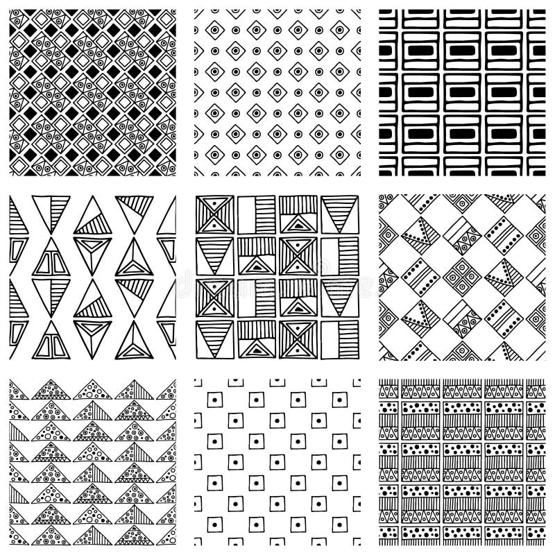 Seamless vector pattern. Black and white geometrical background with hand drawn decorative tribal elements. Print with ethnic, fol