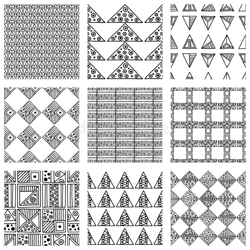 Seamless vector pattern. Black and white geometrical background with hand drawn decorative tribal elements. Print with ethnic, fol