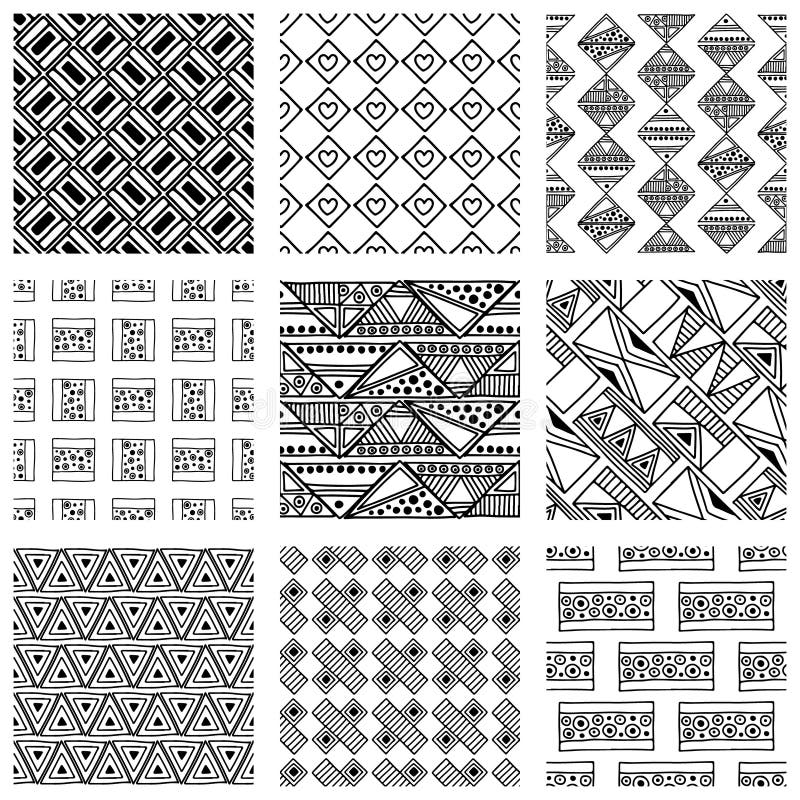 Seamless vector pattern. Black and white geometrical background with hand drawn decorative tribal elements. Print with ethnic, fol