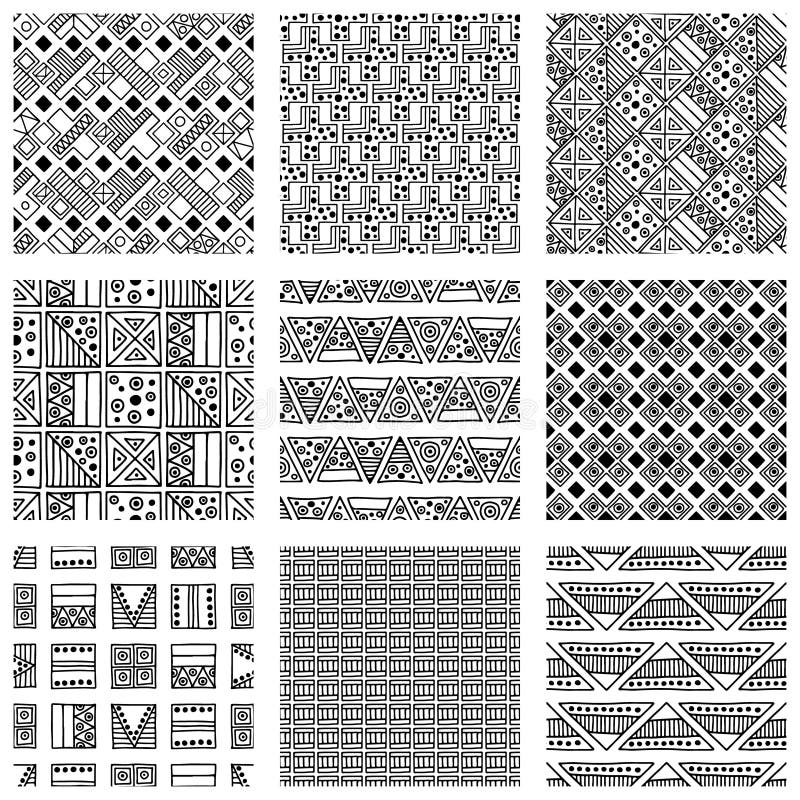 Seamless vector pattern. Black and white geometrical background with hand drawn decorative tribal elements. Print with ethnic, fol