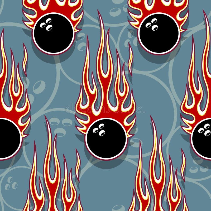 Seamless Vector Pattern with Bowling Ball Icons and Flames. Stock
