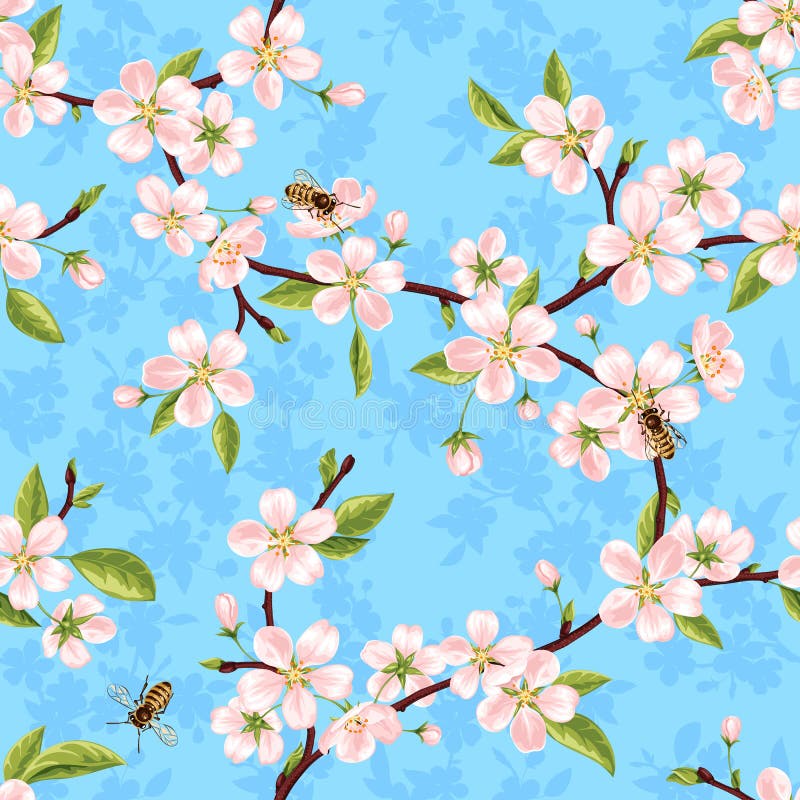 Seamless vector pattern from the branches of a spring blooming apple tree with pink flowers, leaves and bees vector illustration