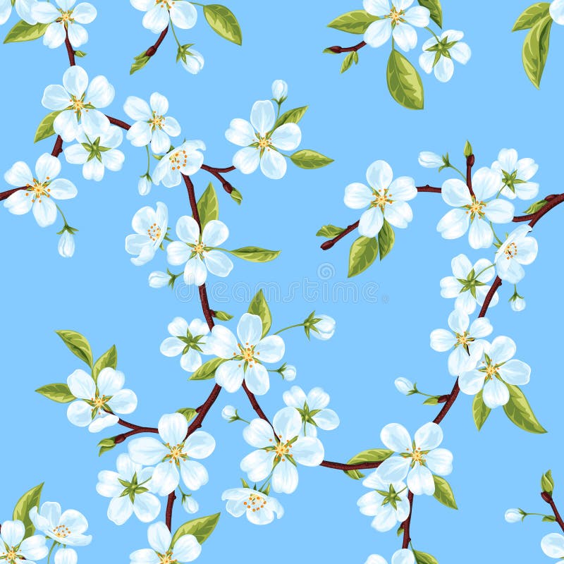 Seamless vector pattern from the branches of a spring blooming apple tree with white flowers and leaves vector illustration