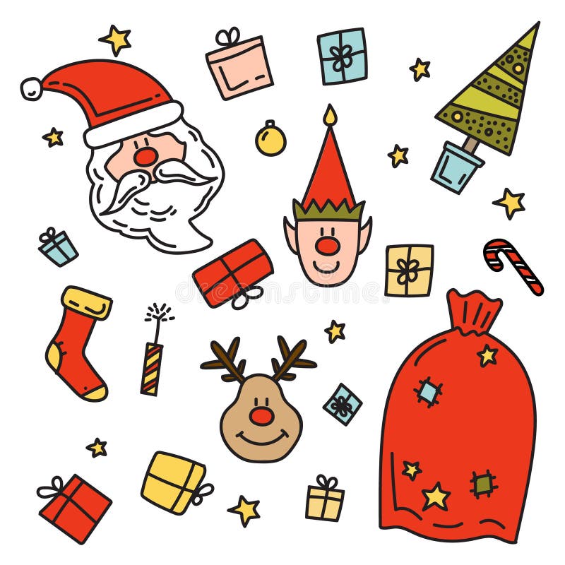 Doodle Drawing Santa Claus Christmas Gifts Deer Elf Stock