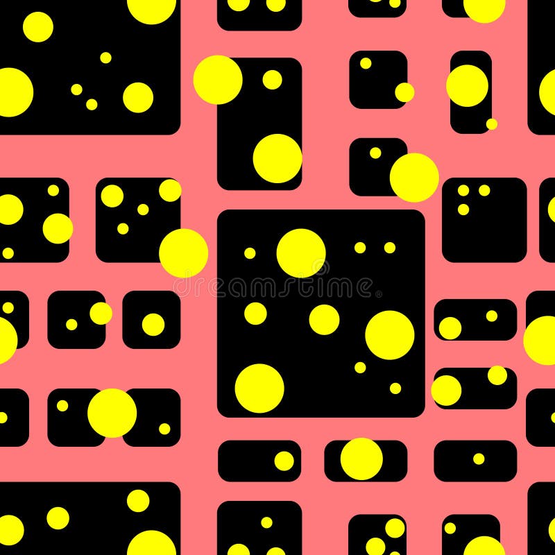 Seamless pink vector pattern cubes and dots. Rounded corners black yellow white abstract pattern vector illustration
