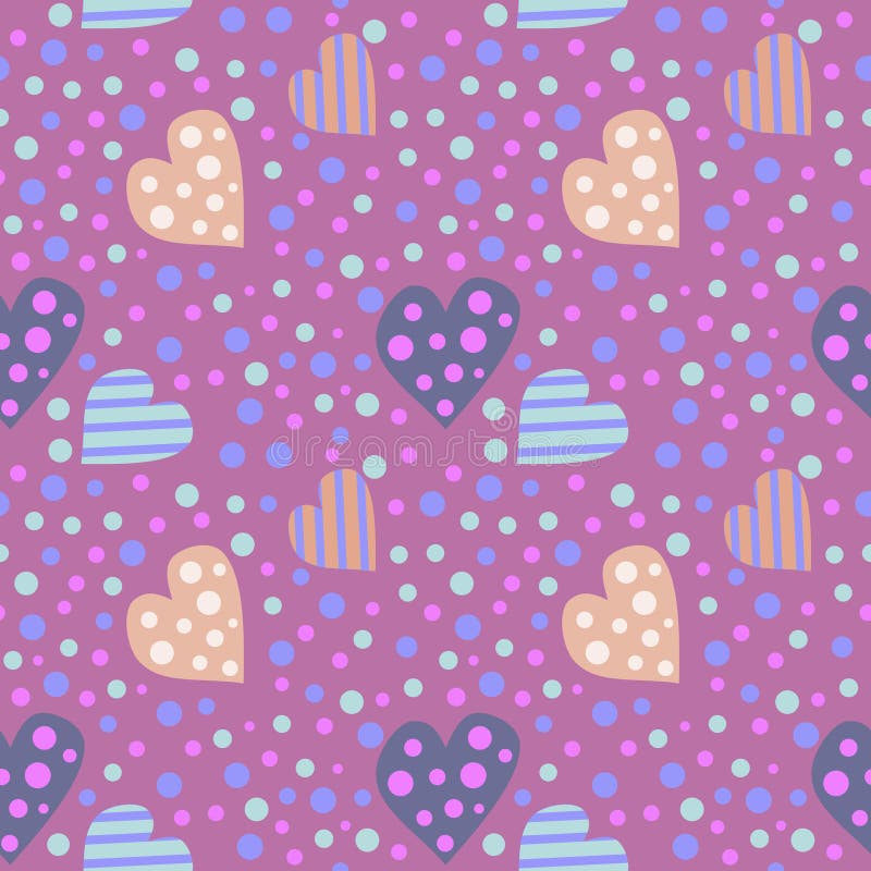 Seamless vector pattern. Cute background with colorful hearts and dots on the violet backdrop stock illustration Seamless vector pattern. Cute background with colorful hearts and dots on the violet backdrop stock illustration
