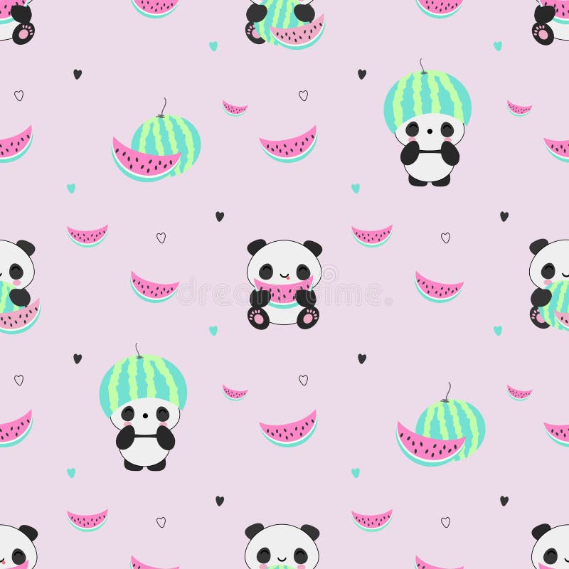 Seamless Vector Pattern with Cute Kawaii Panda Bears and Watermelons on  Nice Pink Background Stock Illustration - Illustration of blush, baby:  120936825