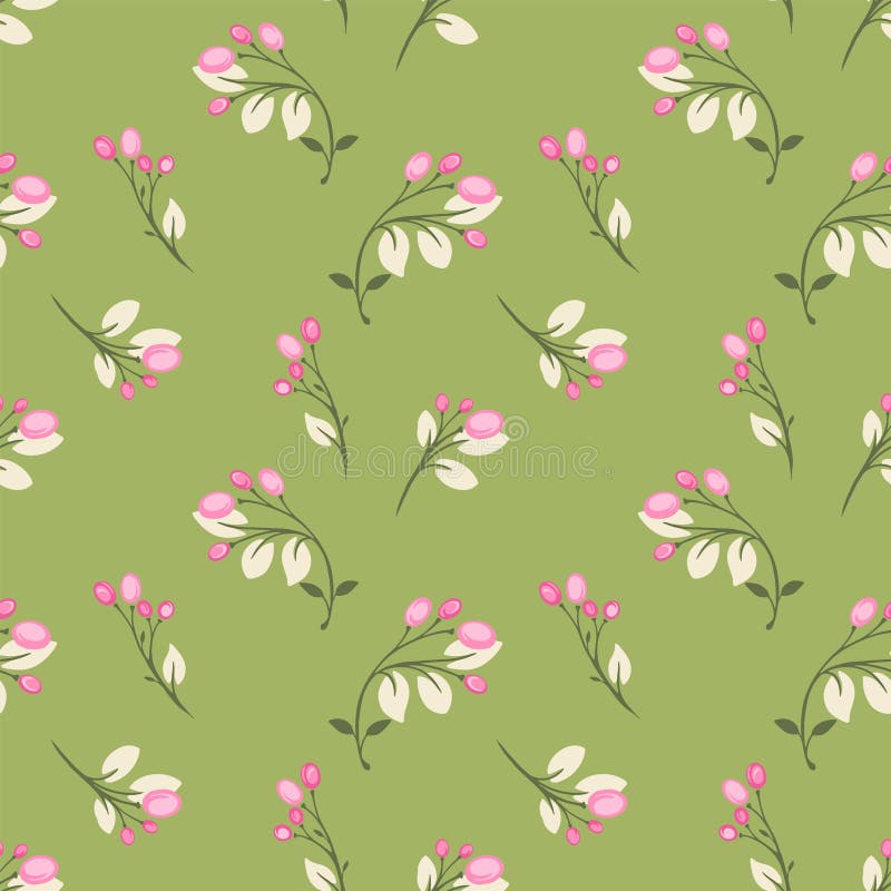 Seamless vector pattern with delicate berry branches on a green background. Summer ornament create elegant botanical design royalty free illustration