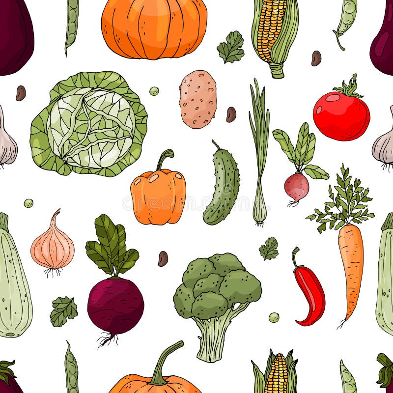 Seamless vector pattern of elements with hand drawn color vegetables on a white background. Sketch style royalty free illustration