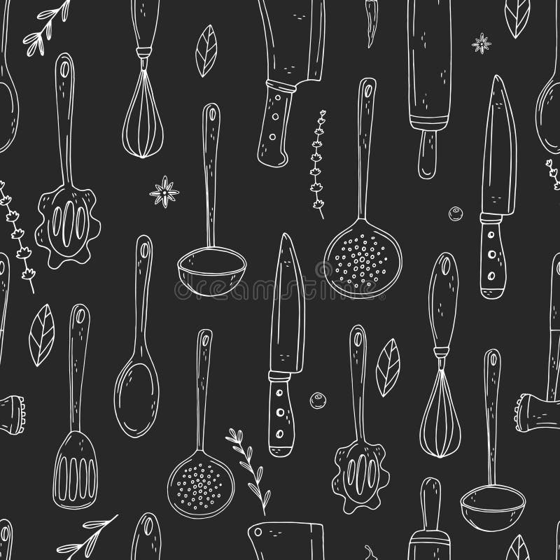 Seamless vector pattern of elements with hand drawn kitchen tools on a chalkboard background stock illustration